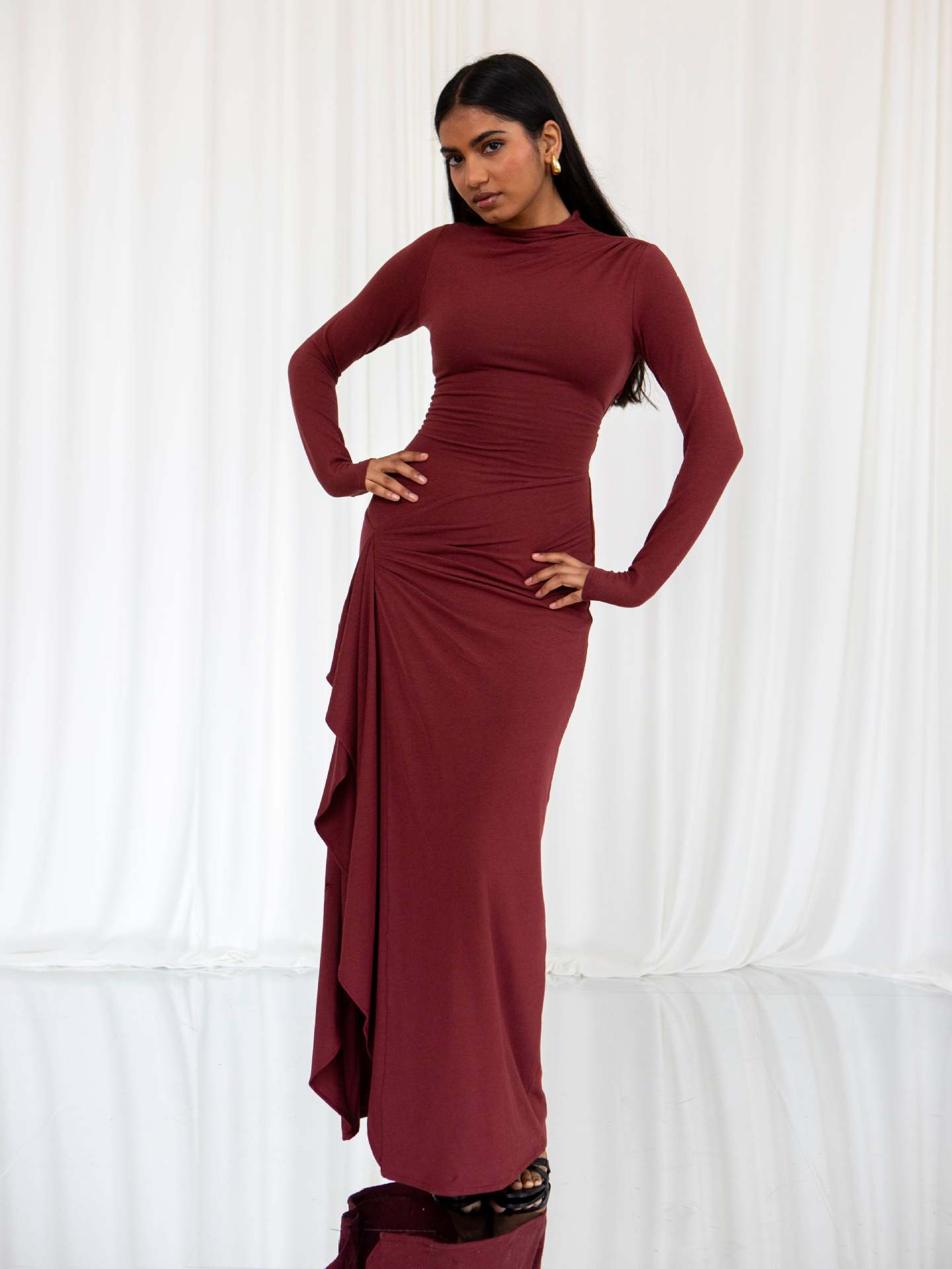 Long Sleeves Draped Slit Maxi Dress